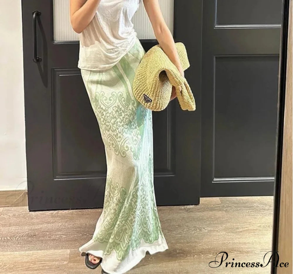 Chinese Style Floral Tall Waist A-Line Skirt