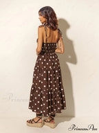 Chocolate And Ivory Polka Dot Trendy Print Pleated Elastic Strap Dress