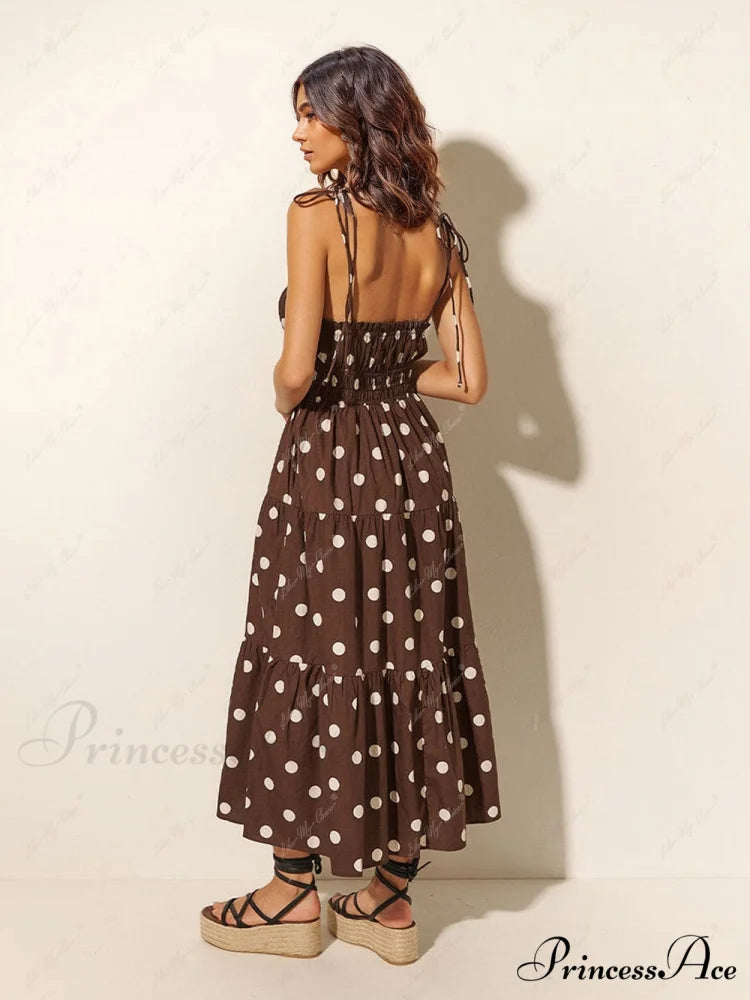 Chocolate And Ivory Polka Dot Trendy Print Pleated Elastic Strap Dress