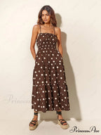 Chocolate And Ivory Polka Dot Trendy Print Pleated Elastic Strap Dress