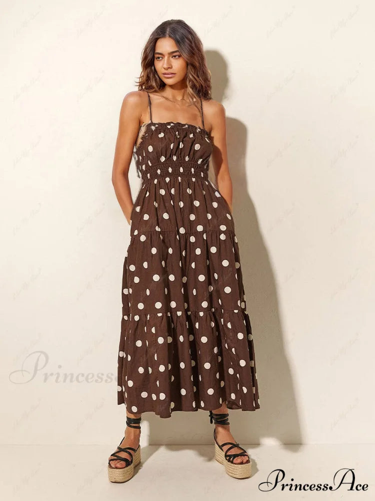 Chocolate And Ivory Polka Dot Trendy Print Pleated Elastic Strap Dress