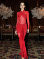 Christmas Backless Mesh Ruched Party Dress