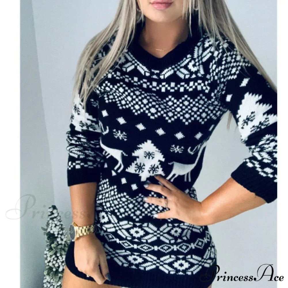 Christmas Deer Knitted Long Sleeve Sweater Dress