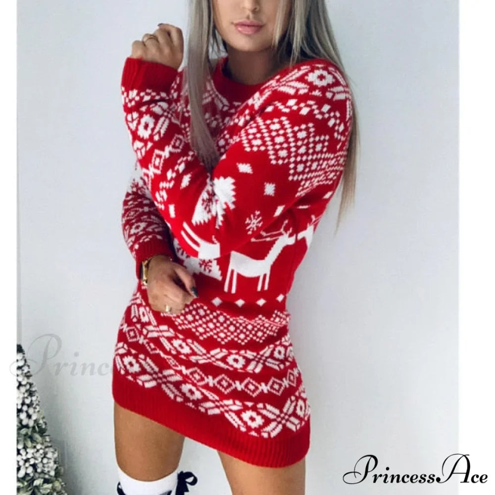 Christmas Deer Knitted Long Sleeve Sweater Dress