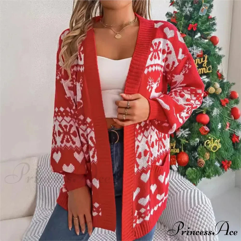 Christmas Deer Pocket Long Sleeve Cardigan