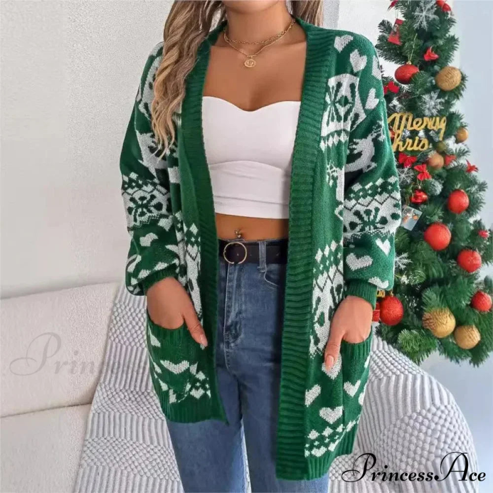 Christmas Deer Pocket Long Sleeve Cardigan