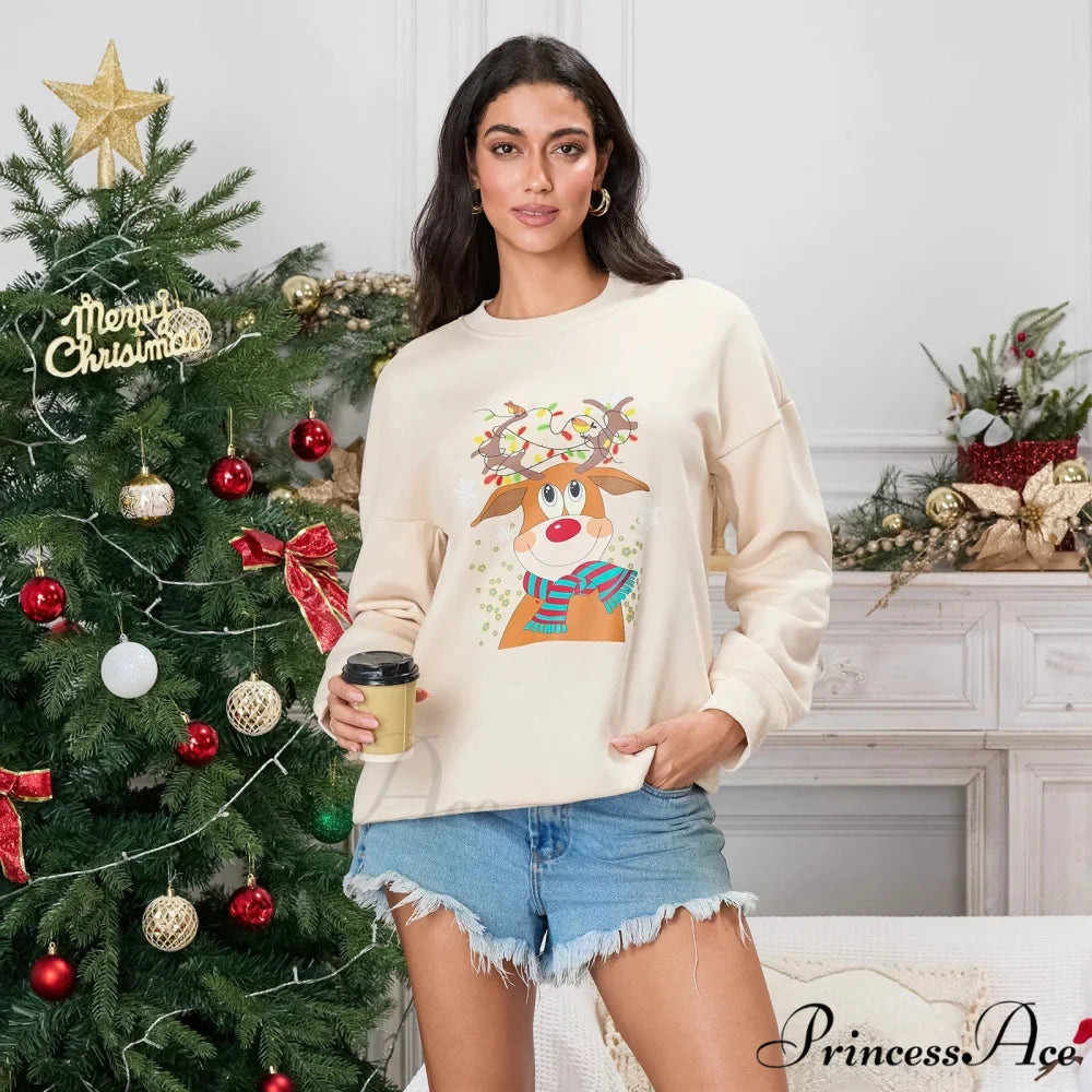 Christmas Deer Print Crew Neck Fall Winter Long Sleeve Casual Christmas Hoodie