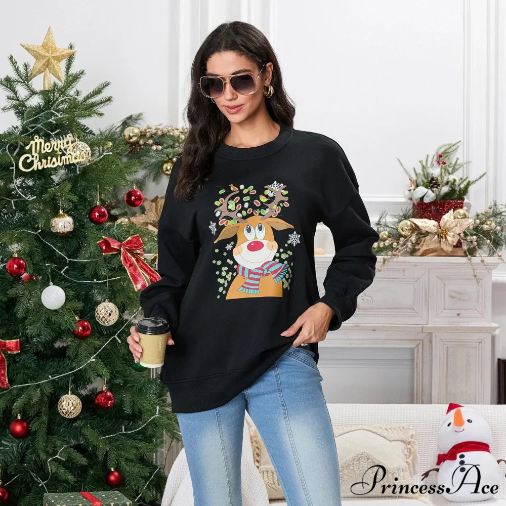 Christmas Deer Print Crew Neck Fall Winter Long Sleeve Casual Christmas Hoodie