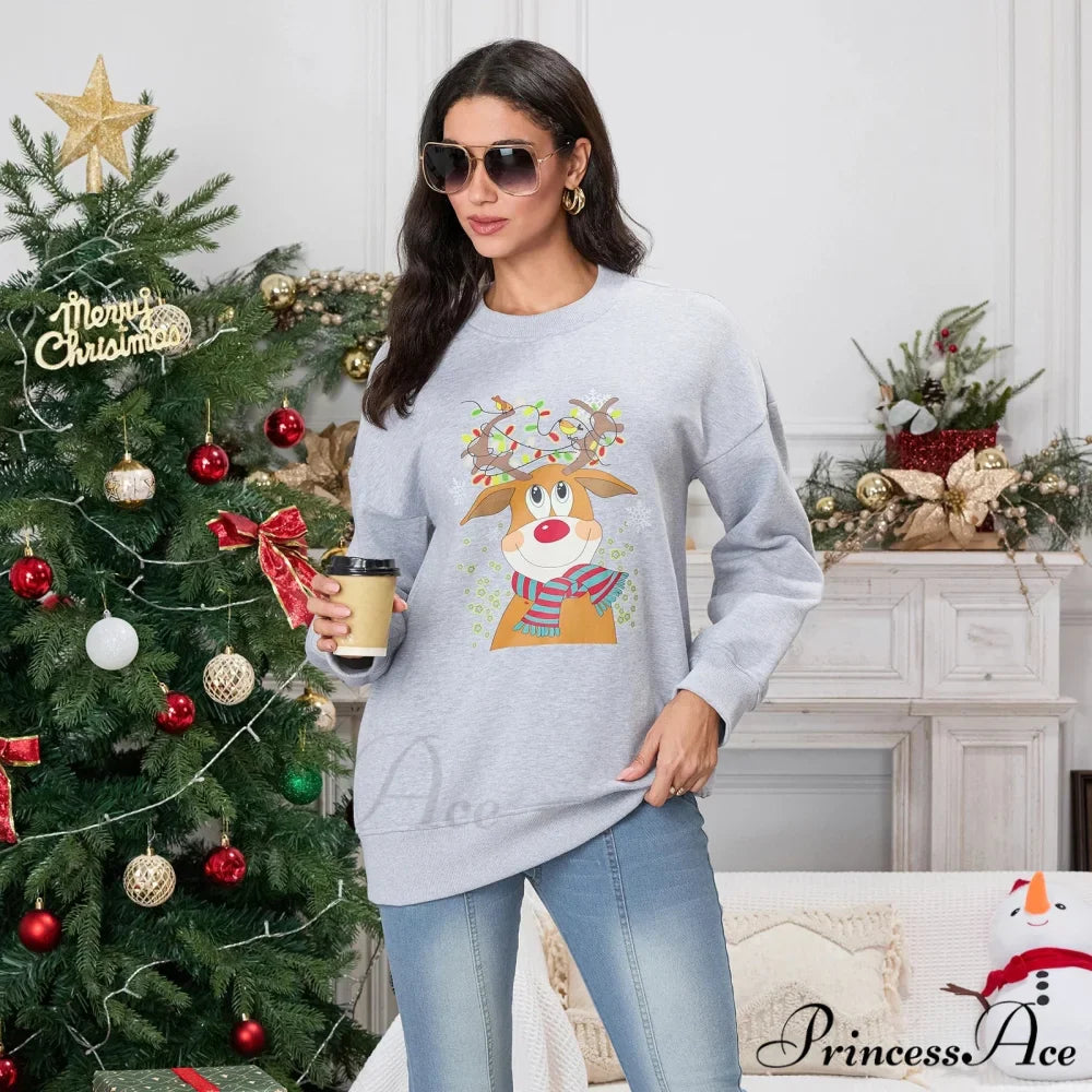 Christmas Deer Print Crew Neck Fall Winter Long Sleeve Casual Christmas Hoodie