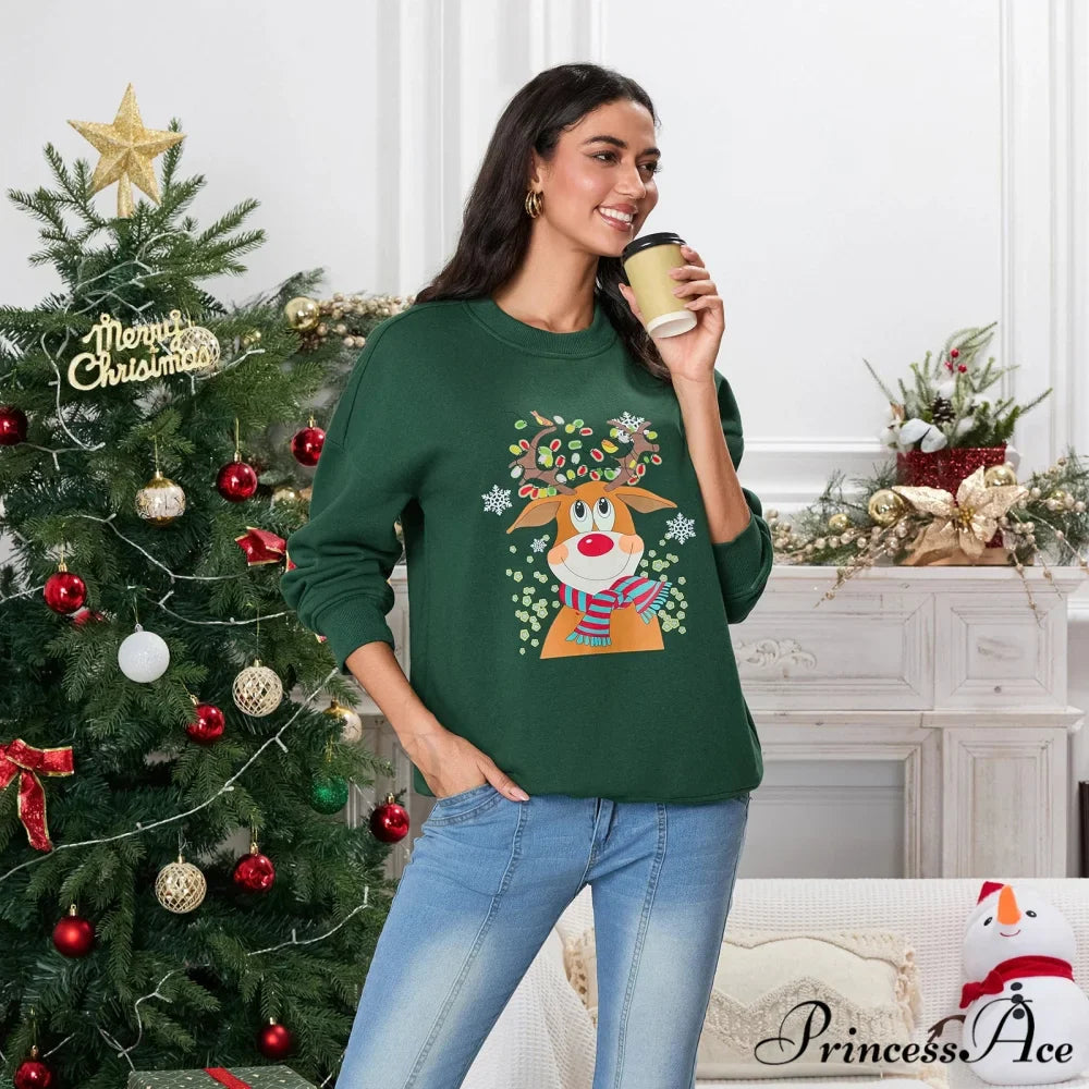 Christmas Deer Print Crew Neck Fall Winter Long Sleeve Casual Christmas Hoodie