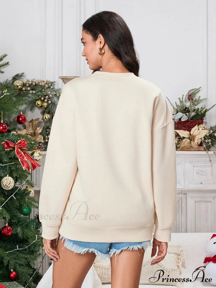 Christmas Deer Print Crew Neck Fall Winter Long Sleeve Casual Christmas Hoodie