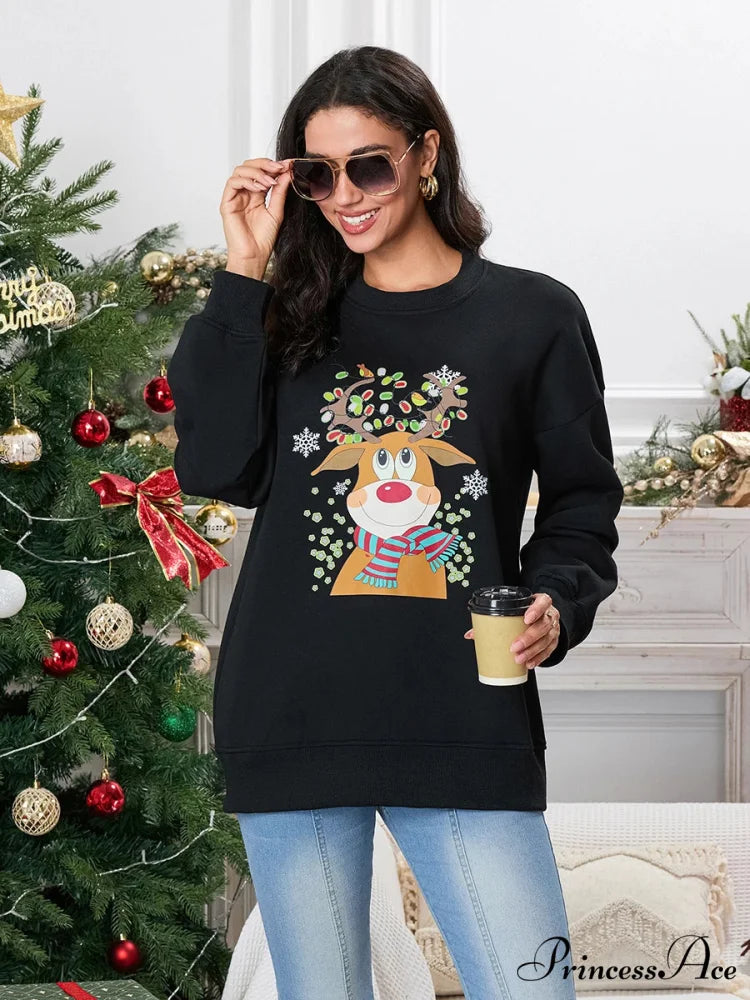 Christmas Deer Print Crew Neck Fall Winter Long Sleeve Casual Christmas Hoodie