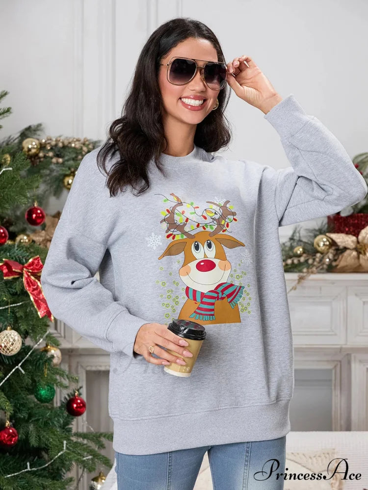 Christmas Deer Print Crew Neck Fall Winter Long Sleeve Casual Christmas Hoodie