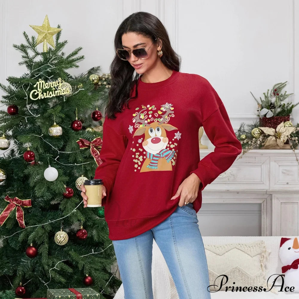 Christmas Deer Print Crew Neck Fall Winter Long Sleeve Casual Christmas Hoodie