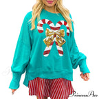 Christmas Sequin Candy Cane Holiday Oversized Side Slit Sparkly Pullover Christmas Hoodie