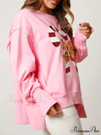 Christmas Sequin Candy Cane Holiday Oversized Side Slit Sparkly Pullover Christmas Hoodie