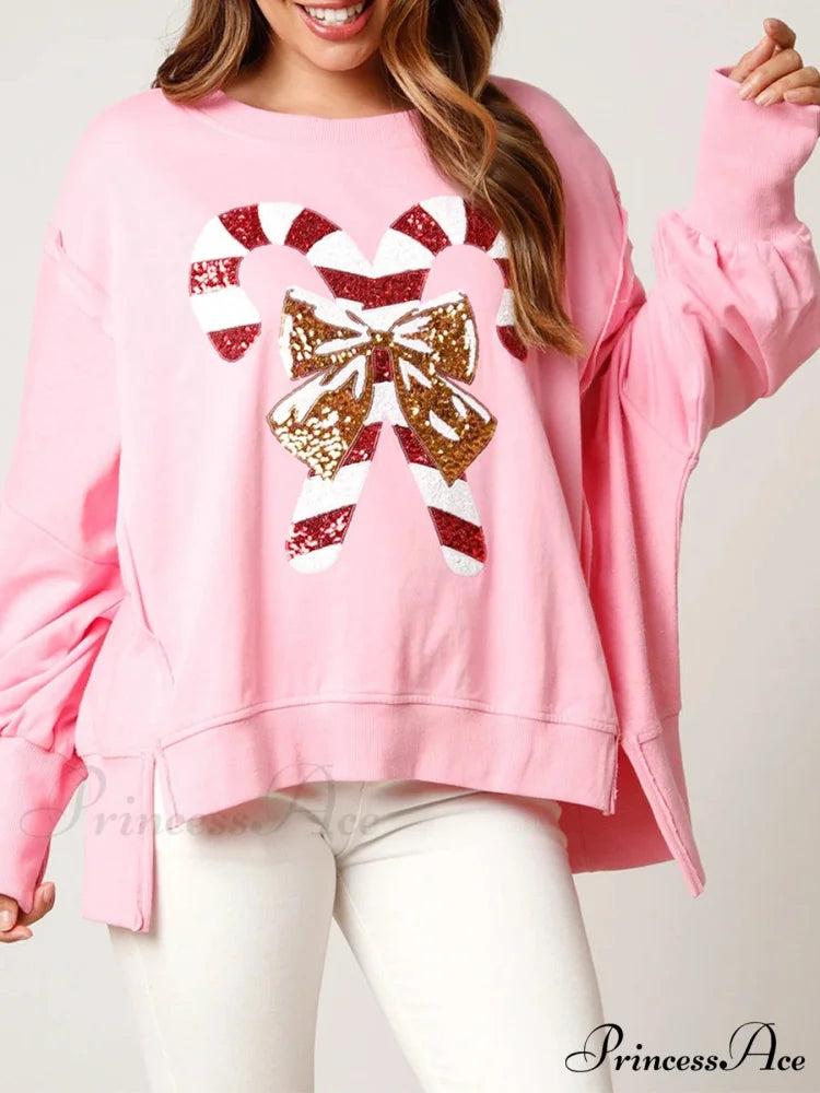 Christmas Sequin Candy Cane Holiday Oversized Side Slit Sparkly Pullover Christmas Hoodie