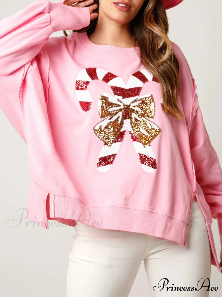 Christmas Sequin Candy Cane Holiday Oversized Side Slit Sparkly Pullover Christmas Hoodie
