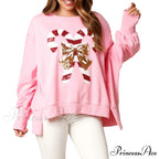 Christmas Sequin Candy Cane Holiday Oversized Side Slit Sparkly Pullover Christmas Hoodie