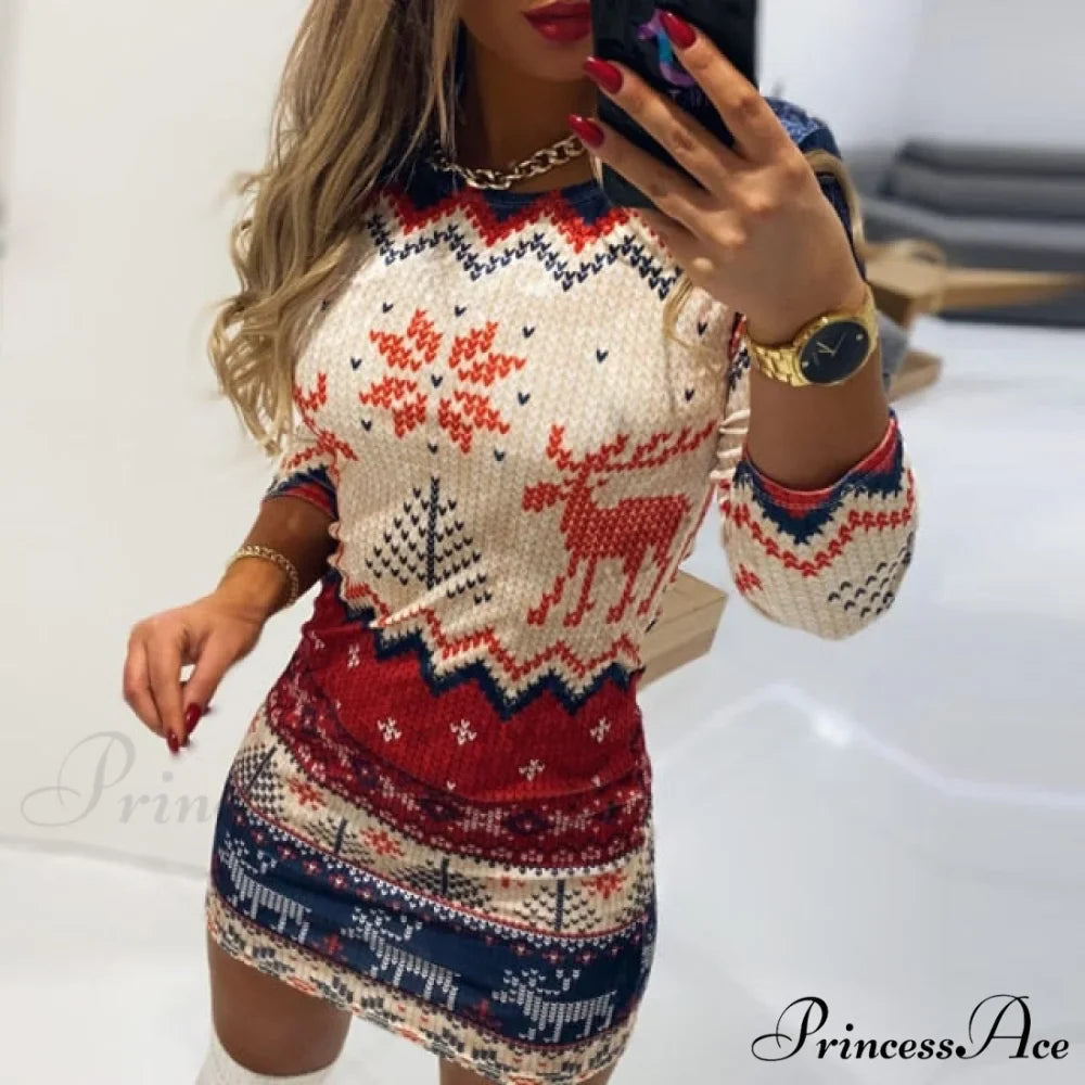 Christmas Snowflake Elk Print Dress
