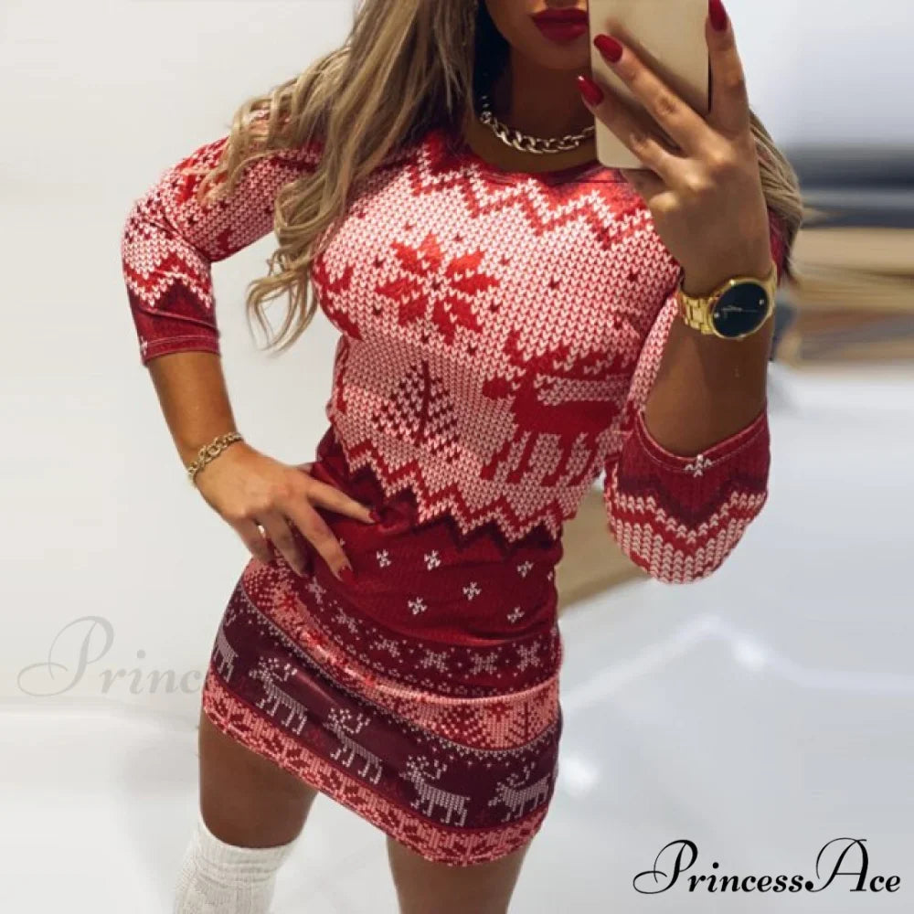 Christmas Snowflake Elk Print Dress