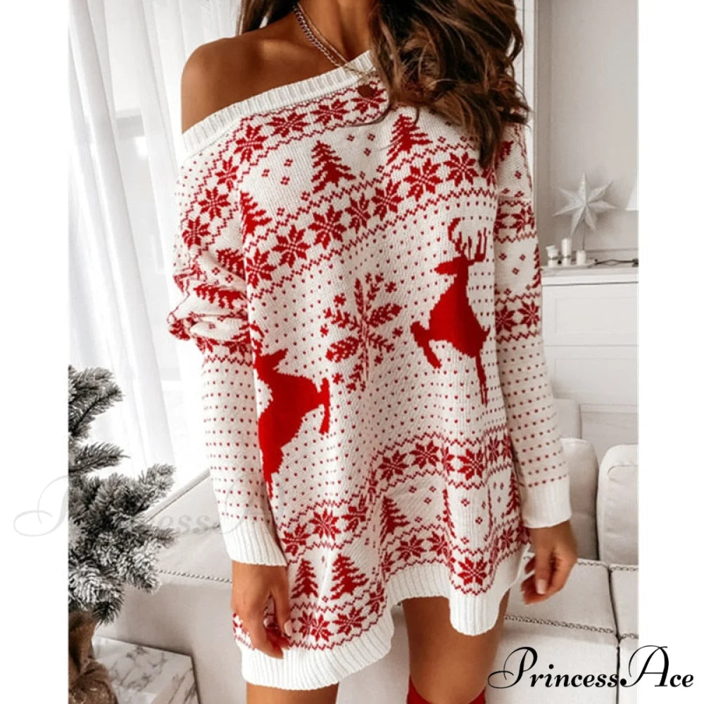 Christmas Snowflake Fawn Print Sweater Dress