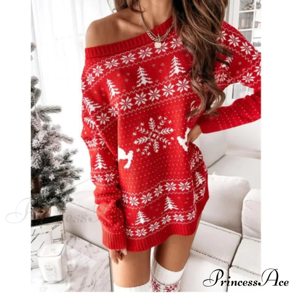 Christmas Snowflake Fawn Print Sweater Dress