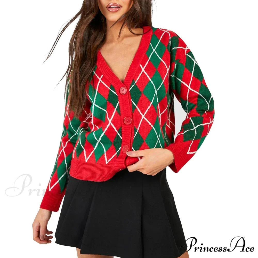Christmas Sweater Button Diamond Cardigan