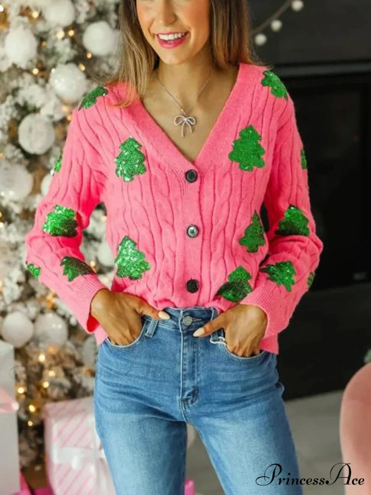 Christmas Tree Glitter V-neck Button Cardigan