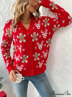 Christmas V-neck Elk Print Cardigan