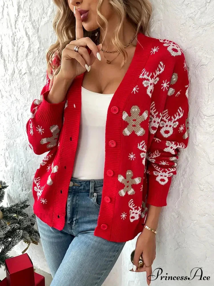 Christmas V-neck Elk Print Cardigan