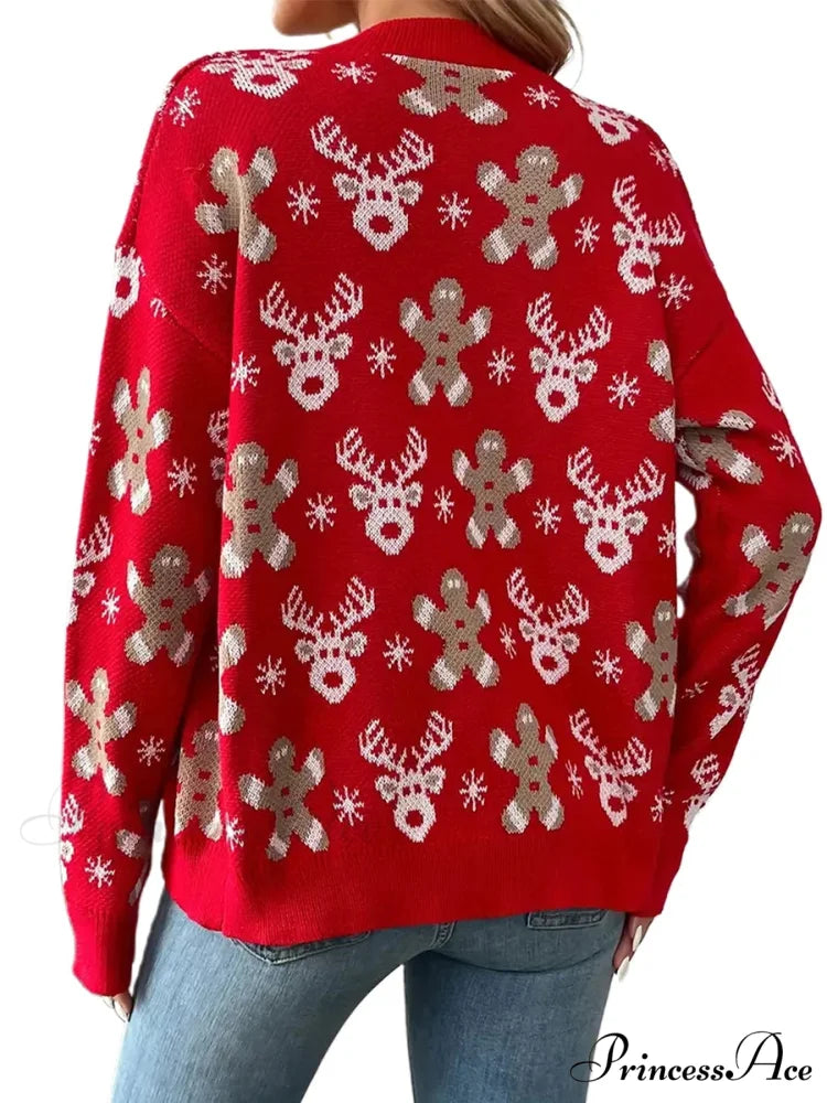 Christmas V-neck Elk Print Cardigan