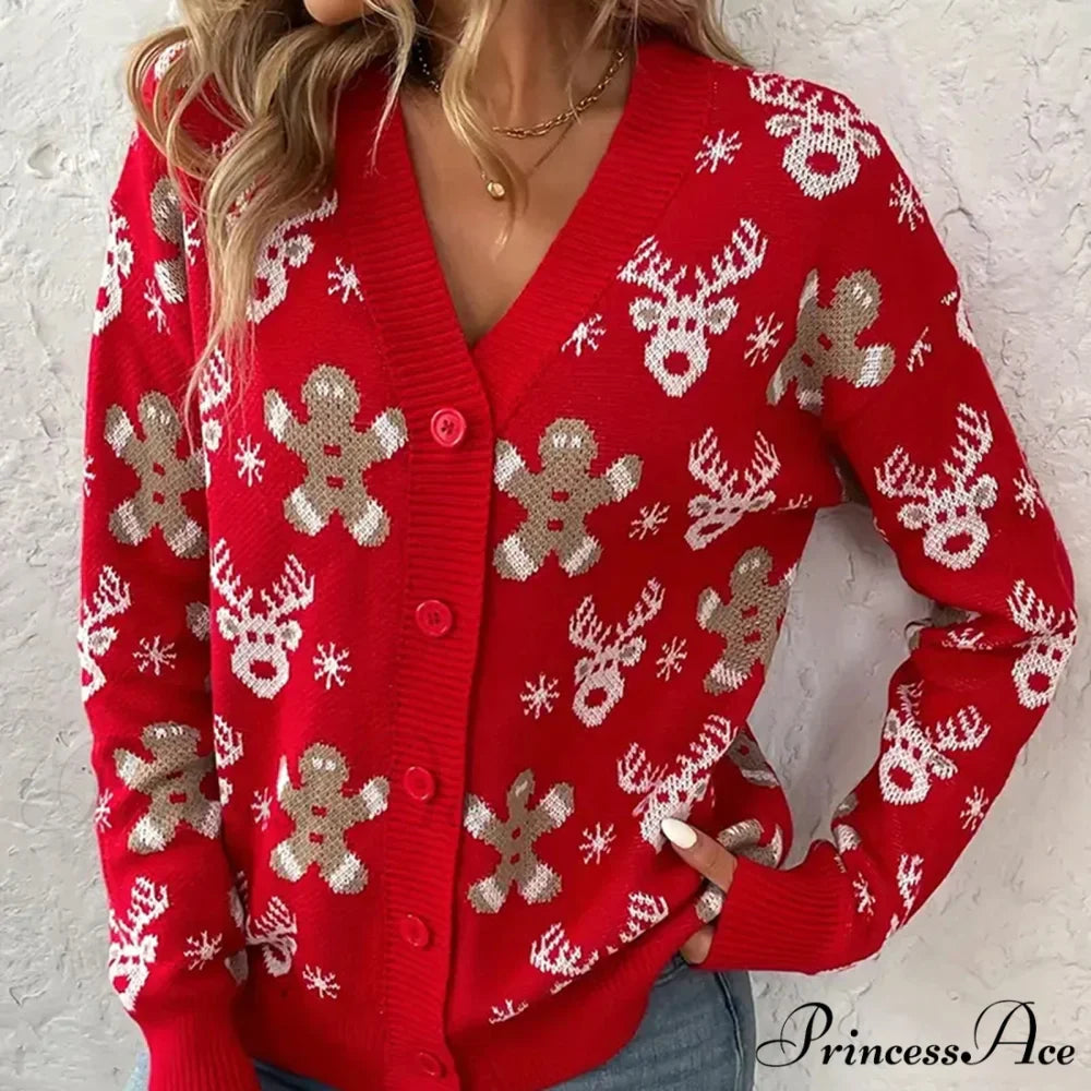Christmas V-neck Elk Print Cardigan