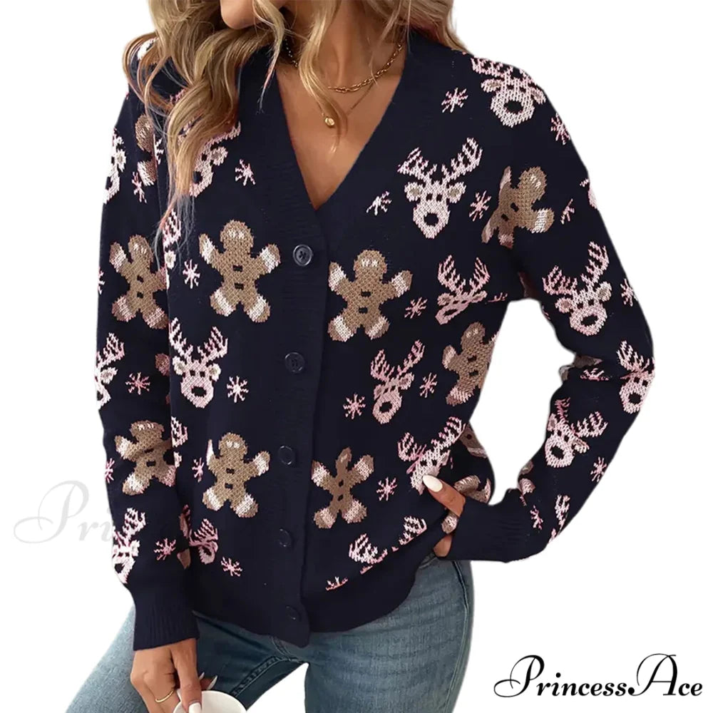 Christmas V-neck Elk Print Cardigan