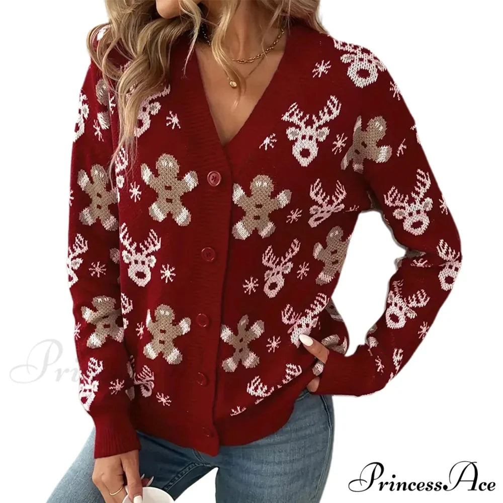 Christmas V-neck Elk Print Cardigan