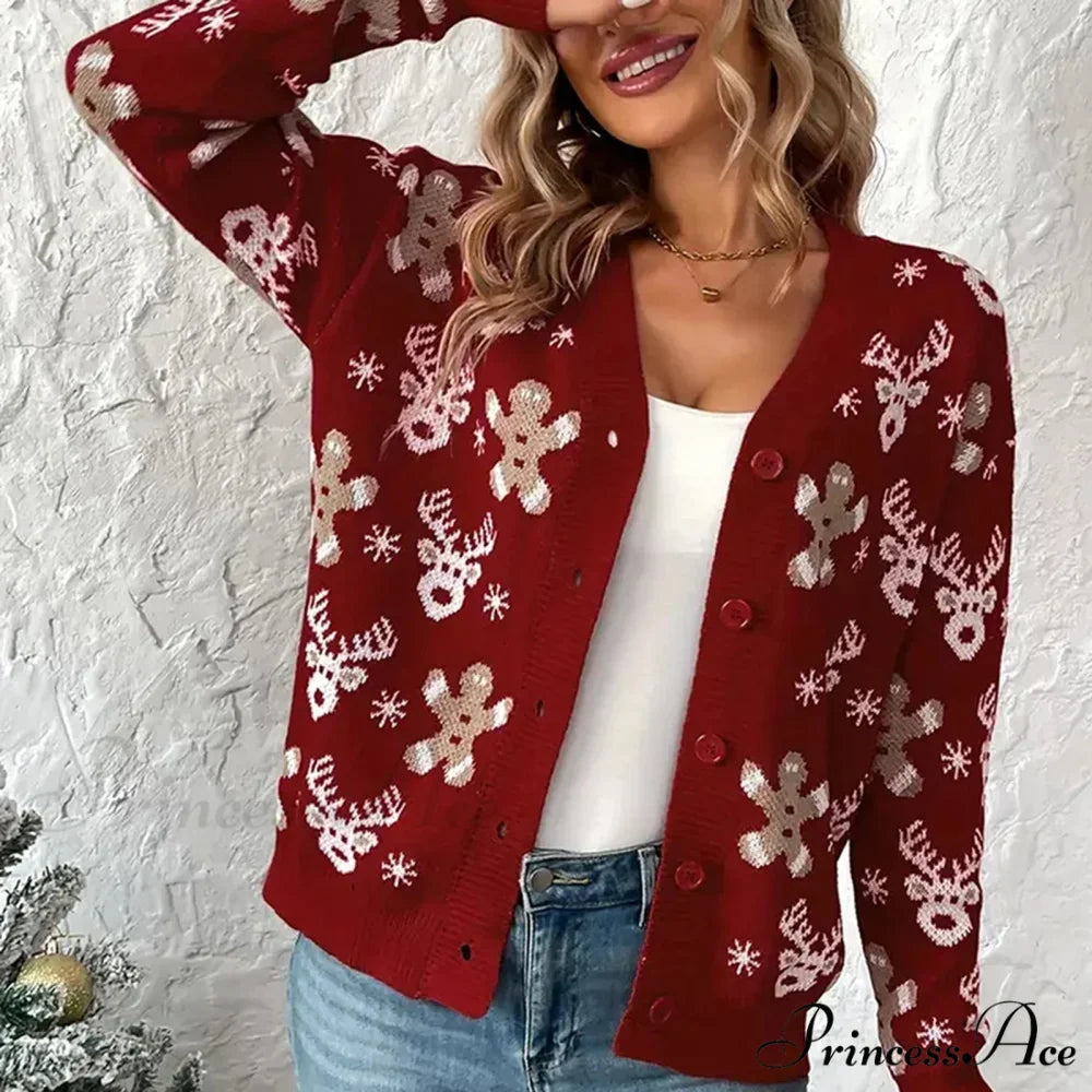 Christmas V-neck Elk Print Cardigan