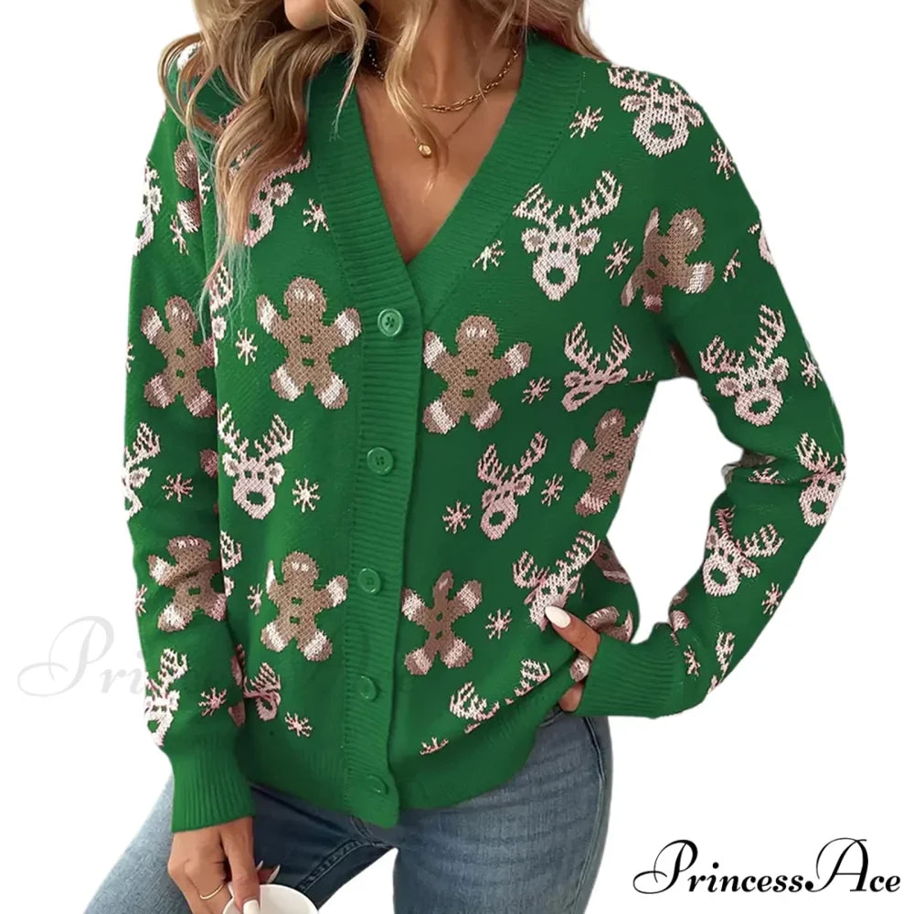 Christmas V-neck Elk Print Cardigan