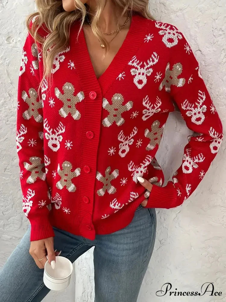 Christmas V-neck Elk Print Cardigan