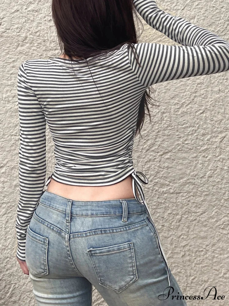 Cinch Bandage Slim Cropped O-Neck Long Sleeve Knit Top