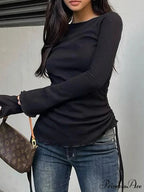 Cinch Folds Solid Trim O-Neck Long Sleeve Knit Top