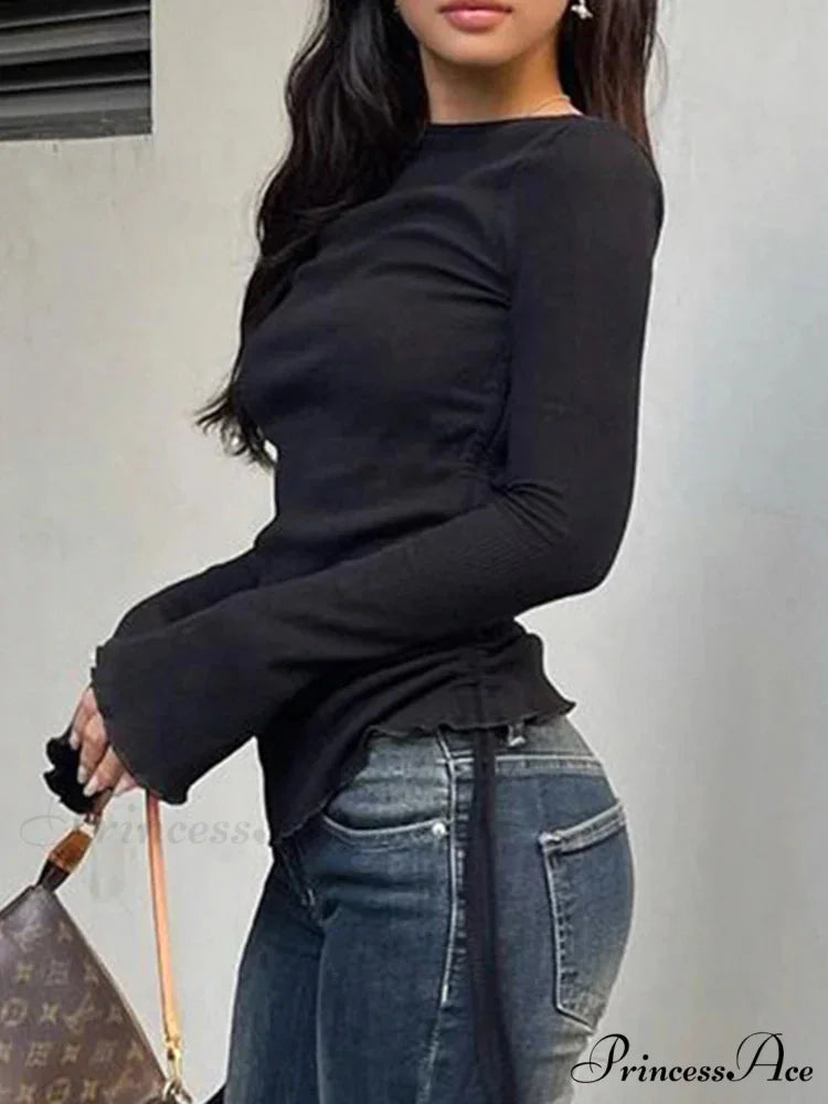 Cinch Folds Solid Trim O-Neck Long Sleeve Knit Top