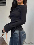 Cinch Folds Solid Trim O-Neck Long Sleeve Knit Top