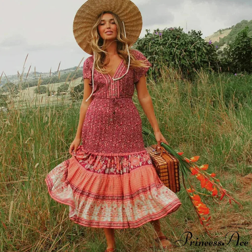 Cinch Waist Midi Dress Retro Floral Cotton Informal Summer Dress