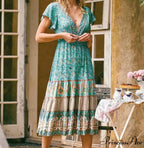 Cinch Waist Midi Dress Retro Floral Cotton Informal Summer Dress