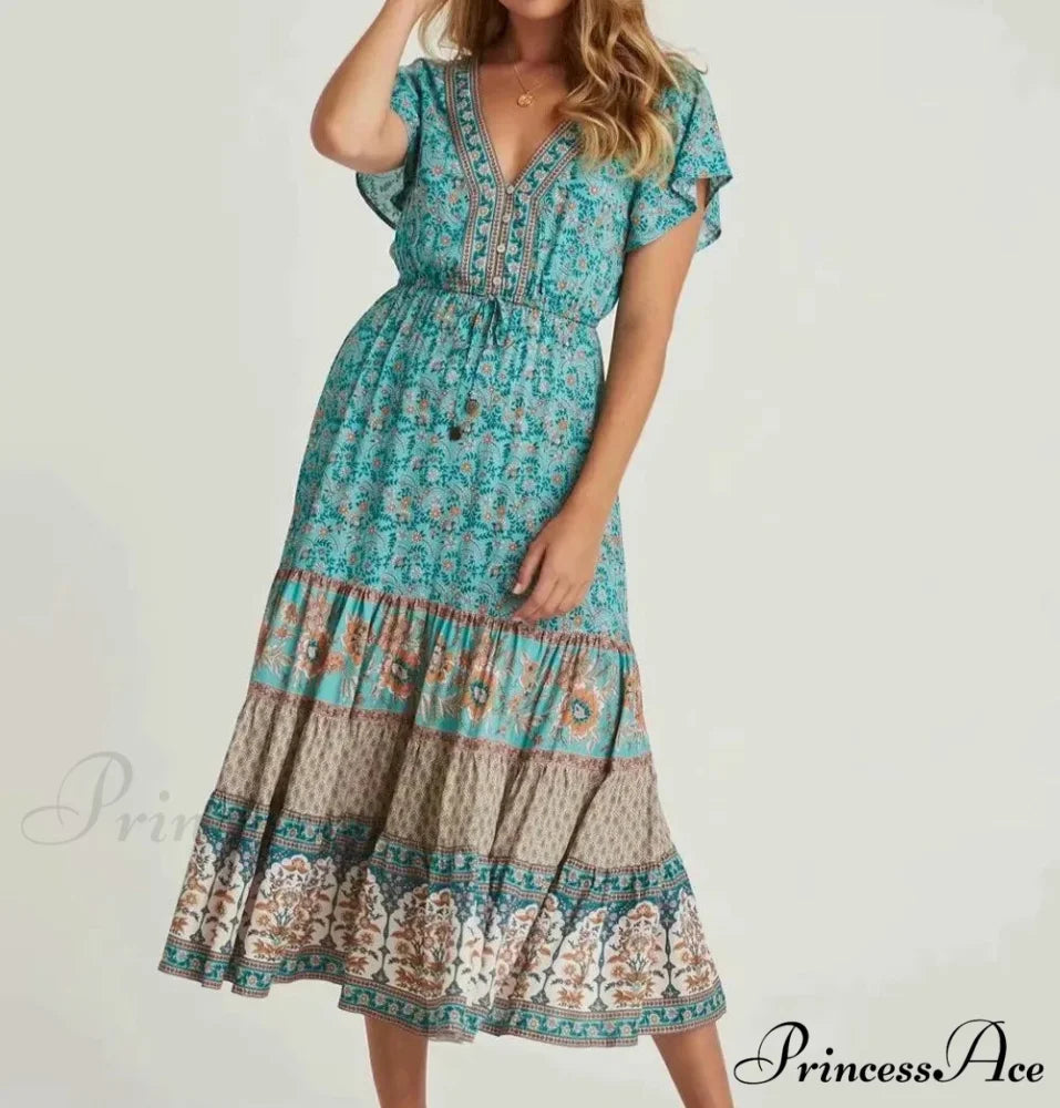 Cinch Waist Midi Dress Retro Floral Cotton Informal Summer Dress