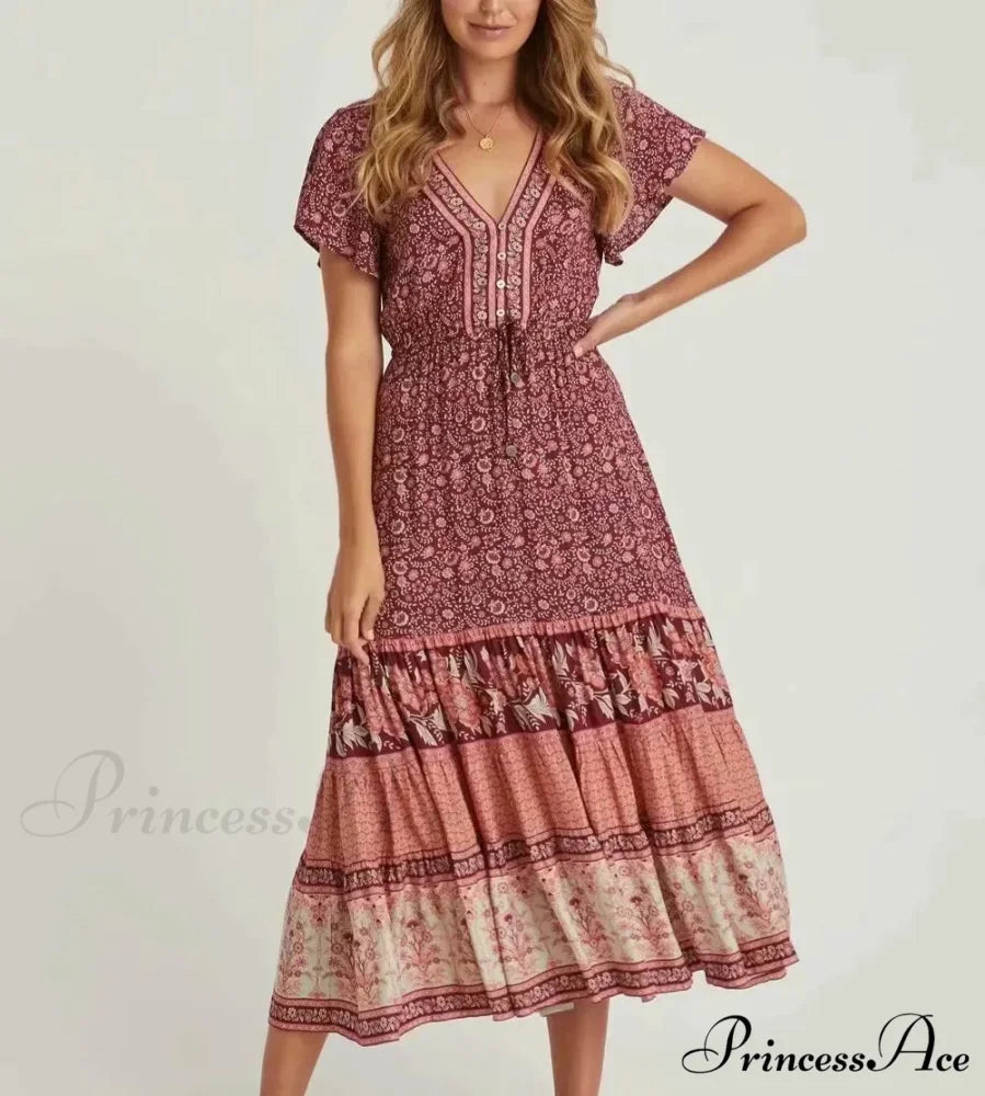 Cinch Waist Midi Dress Retro Floral Cotton Informal Summer Dress