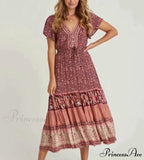 Cinch Waist Midi Dress Retro Floral Cotton Informal Summer Dress