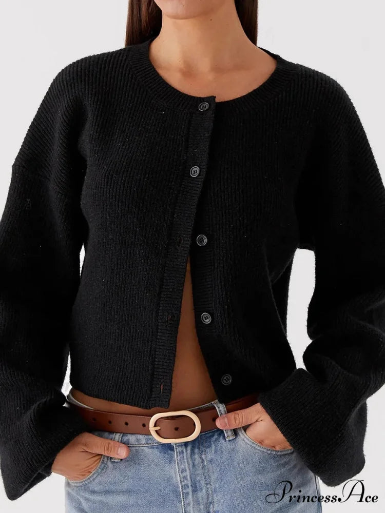Circular Neck Button-Up Extended Sleeve Cardigan