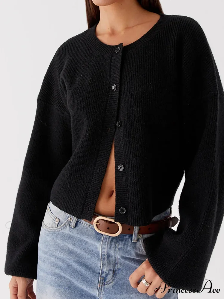 Circular Neck Button-Up Extended Sleeve Cardigan