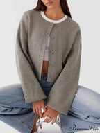Circular Neck Button-Up Extended Sleeve Cardigan